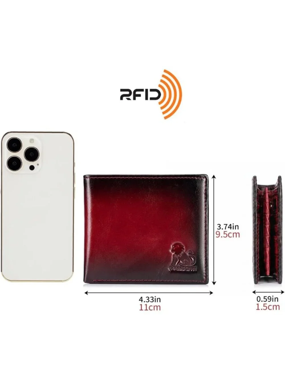 Slim Bifold Cowhide Leather Wallet with RFID, 10 Card Slots, Zipper Pocket, Red